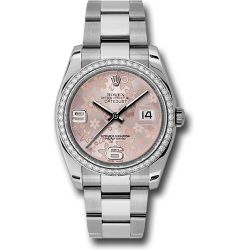  *Pre-Owned* Rolex Steel and White Gold Datejust 36 Watch - 52 Diamond Bezel - Pink Floral Arabic Dial - Oyster Bracelet