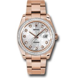  *Pre-Owned* Rolex Everose Gold Datejust 36 Watch - Baguette Diamond Bezel - Silver Jublilee Diamond Dial - Oyster Bracelet