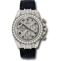  *Pre-Owned* Rolex White Gold Cosmograph Daytona 40 Watch - Pave Diamond Enamel Arabic Dial - Black Leather Strap