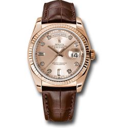  *Pre-Owned* Rolex Everose Gold Day-Date 36 Watch - Fluted Bezel - Pink Diamond Dial - Brown Leather