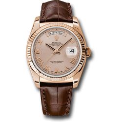  *Pre-Owned* Rolex Everose Gold Day-Date 36 Watch - Fluted Bezel - Pink Roman Dial - Brown Leather