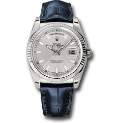  *Pre-Owned* Rolex White Gold Day-Date 36 Watch - Fluted Bezel - Silver Index Dial - Blue Leather