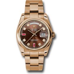  *Pre-Owned* Rolex Everose Gold Day-Date 36 Watch - Domed Bezel - Chocolate Diamond And Ruby Dial - Oyster Bracelet