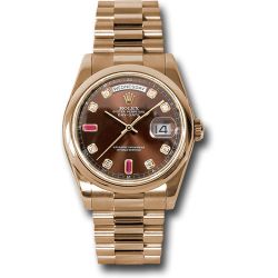  *Pre-Owned* Rolex Everose Gold Day-Date 36 Watch - Domed Bezel - Chocolate Diamond And Ruby Dial - President Bracelet