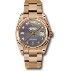  *Pre-Owned* Rolex Pink Gold Day-Date 36 Watch - Domed Bezel - Dark Mother-Of-Pearl Diamond Dial - Oyster Bracelet