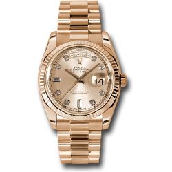  *Pre-Owned* Rolex Pink Gold Day-Date 36 Watch - Fluted Bezel - Pink Champagne Diamond Dial - President Bracelet