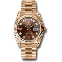  *Pre-Owned* Rolex Everose Gold Day-Date 36 Watch - Fluted Bezel - Chocolate Diamond And Ruby Dial - President Bracelet