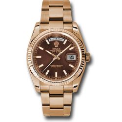  *Pre-Owned* Rolex Everose Gold Day-Date 36 Watch - Fluted Bezel - Chocolate Index Dial - Oyster Bracelet