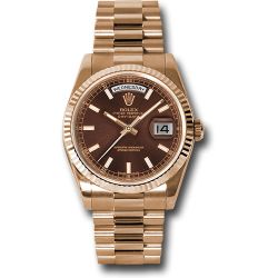  *Pre-Owned* Rolex Everose Gold Day-Date 36 Watch - Fluted Bezel - Chocolate Index Dial - President Bracelet