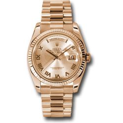  *Pre-Owned* Rolex Pink Gold Day-Date 36 Watch - Fluted Bezel - Champagne Roman Dial - President Bracelet
