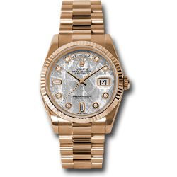  *Pre-Owned* Rolex Pink Gold Day-Date 36 Watch - Fluted Bezel - Meteorite Diamond Dial - President Bracelet