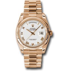  *Pre-Owned* Rolex Pink Gold Day-Date 36 Watch - Fluted Bezel - White Roman Dial - President Bracelet
