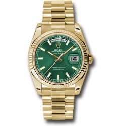  *Pre-Owned* Rolex Yellow Gold Day-Date 36 Watch - Fluted Bezel - Green Index Dial - President Bracelet
