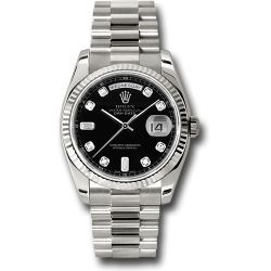  *Pre-Owned* Rolex White Gold Day-Date 36 Watch - Fluted Bezel - Black Diamond Dial - President Bracelet