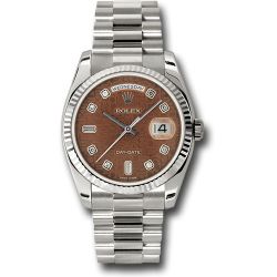  *Pre-Owned* Rolex White Gold Day-Date 36 Watch - Fluted Bezel - Havana Brown Diamond Dial - President Bracelet