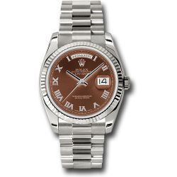  *Pre-Owned* Rolex White Gold Day-Date 36 Watch - Fluted Bezel - Havana Brown Index Dial - President Bracelet