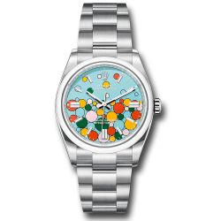  *Pre-Owned* Rolex Oystersteel Oyster Perpetual 36 Watch - Domed Bezel - Turquoise Blue Celebration Motif Index Dial - Oyster Bracelet