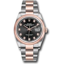  *Pre-Owned* Rolex Steel and Everose Rolesor Datejust 36 Watch - Domed Bezel - Black Diamond Dial - Oyster Bracelet