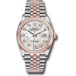  *Pre-Owned* Rolex Steel and Everose Rolesor Datejust 36 Watch - Domed Bezel - White Mother-Of-Pearl Diamond Dial - Jubilee Bracelet