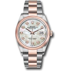   *Pre-Owned* Rolex Steel and Everose Rolesor Datejust 36 Watch - Domed Bezel - White Mother-Of-Pearl Diamond Dial - Oyster Bracelet