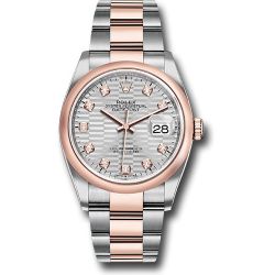  *Pre-Owned* Rolex Everose Rolesor Datejust 36 Watch - Domed Bezel - Silver Fluted Motif Diamond Dial - Oyster Bracelet