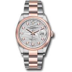  *Pre-Owned* Rolex Everose Rolesor Datejust 36 Watch - Domed Bezel - Silver Palm Motif Diamond Dial - Oyster Bracelet