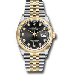  *Pre-Owned* Rolex Steel and Yellow Gold Rolesor Datejust 36 Watch - Domed Bezel - Black Diamond Dial - Jubilee Bracelet