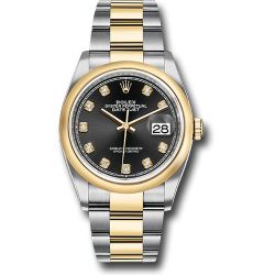  *Pre-Owned* Rolex Steel and Yellow Gold Rolesor Datejust 36 Watch - Domed Bezel - Black Diamond Dial - Oyster Bracelet