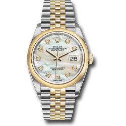  *Pre-Owned* Rolex Steel and Yellow Gold Rolesor Datejust 36 Watch - Domed Bezel - White Mother-Of-Pearl Diamond Dial - Jubilee Bracelet