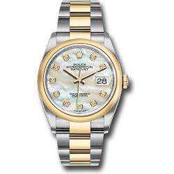  *Pre-Owned* Rolex Steel and Yellow Gold Rolesor Datejust 36 Watch - Domed Bezel - White Mother-Of-Pearl Diamond Dial - Oyster Bracelet