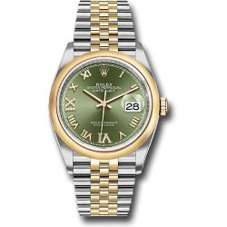  *Pre-Owned* Rolex Steel and Yellow Gold Rolesor Datejust 36 Watch - Domed Bezel - Olive Green Roman Dial - Jubilee Bracelet