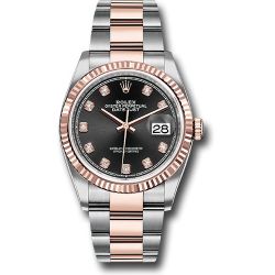 *Pre-Owned* Rolex Steel and Everose Rolesor Datejust 36 Watch - Fluted Bezel - Black Diamond Dial - Oyster Bracelet