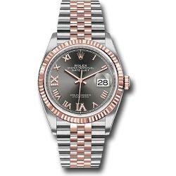  *Pre-Owned* Rolex Steel and Everose Rolesor Datejust 36 Watch - Fluted Bezel - Dark Rhodium Roman Dial - Jubilee Bracelet