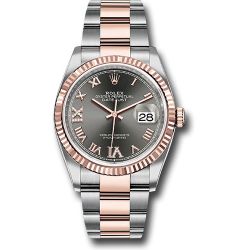  *Pre-Owned* Rolex Steel and Everose Rolesor Datejust 36 Watch - Fluted Bezel - Dark Rhodium Roman Dial - Oyster Bracelet