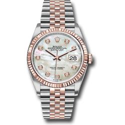  *Pre-Owned* Rolex Steel and Everose Rolesor Datejust 36 Watch - Fluted Bezel - White Mother-Of-Pearl Diamond Dial - Jubilee Bracelet