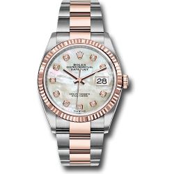  *Pre-Owned* Rolex Steel and Everose Rolesor Datejust 36 Watch - Fluted Bezel - White Mother-Of-Pearl Diamond Dial - Oyster Bracelet