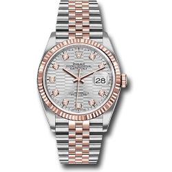  *Pre-Owned* Rolex Everose Rolesor Datejust 36 Watch - Fluted Bezel - Silver Fluted Motif Diamond Dial - Jubilee Bracelet