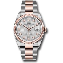  *Pre-Owned* Rolex Everose Rolesor Datejust 36 Watch - Fluted Bezel - Silver Fluted Motif Diamond Dial - Oyster Bracelet