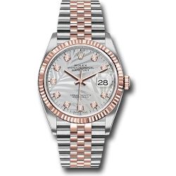  *Pre-Owned* Rolex Everose Rolesor Datejust 36 Watch - Fluted Bezel - Silver Palm Motif Diamond Dial - Jubilee Bracelet