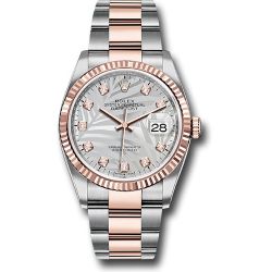  *Pre-Owned* Rolex Everose Rolesor Datejust 36 Watch - Fluted Bezel - Silver Palm Motif Diamond Dial - Oyster Bracelet