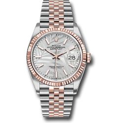  *Pre-Owned* Rolex Everose Rolesor Datejust 36 Watch - Fluted Bezel - Silver Palm Motif Index Dial - Jubilee Bracelet