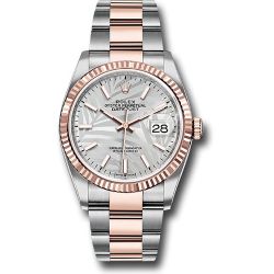  *Pre-Owned* Rolex Everose Rolesor Datejust 36 Watch - Fluted Bezel - Silver Palm Motif Index Dial - Oyster Bracelet