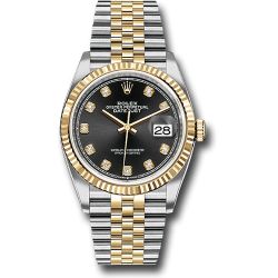  *Pre-Owned* Rolex Steel and Yellow Gold Rolesor Datejust 36 Watch - Fluted Bezel - Black Diamond Dial - Jubilee Bracelet