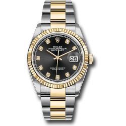  *Pre-Owned* Rolex Steel and Yellow Gold Rolesor Datejust 36 Watch - Fluted Bezel - Black Diamond Dial - Oyster Bracelet