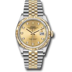  *Pre-Owned* Rolex Steel and Yellow Gold Rolesor Datejust 36 Watch - Fluted Bezel - Champagne Diamond Dial - Jubilee Bracelet
