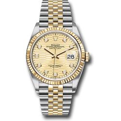  *Pre-Owned* Rolex Yellow Rolesor Datejust 36 Watch - Fluted Bezel - Golden Fluted Motif Diamond Dial - Jubilee Bracelet