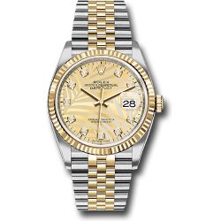  *Pre-Owned* Rolex Yellow Rolesor Datejust 36 Watch - Fluted Bezel - Golden Palm Motif Diamond Dial - Jubilee Bracelet