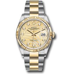  *Pre-Owned* Rolex Yellow Rolesor Datejust 36 Watch - Fluted Bezel - Golden Palm Motif Diamond Dial - Oyster Bracelet