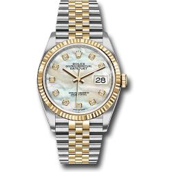  *Pre-Owned* Rolex Steel and Yellow Gold Rolesor Datejust 36 Watch - Fluted Bezel - White Mother-Of-Pearl Diamond Dial - Jubilee Bracelet