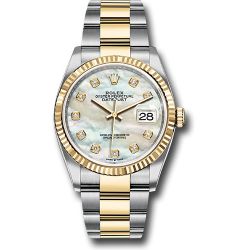  *Pre-Owned* Rolex Steel and Yellow Gold Rolesor Datejust 36 Watch - Fluted Bezel - White Mother-Of-Pearl Diamond Dial - Oyster Bracelet